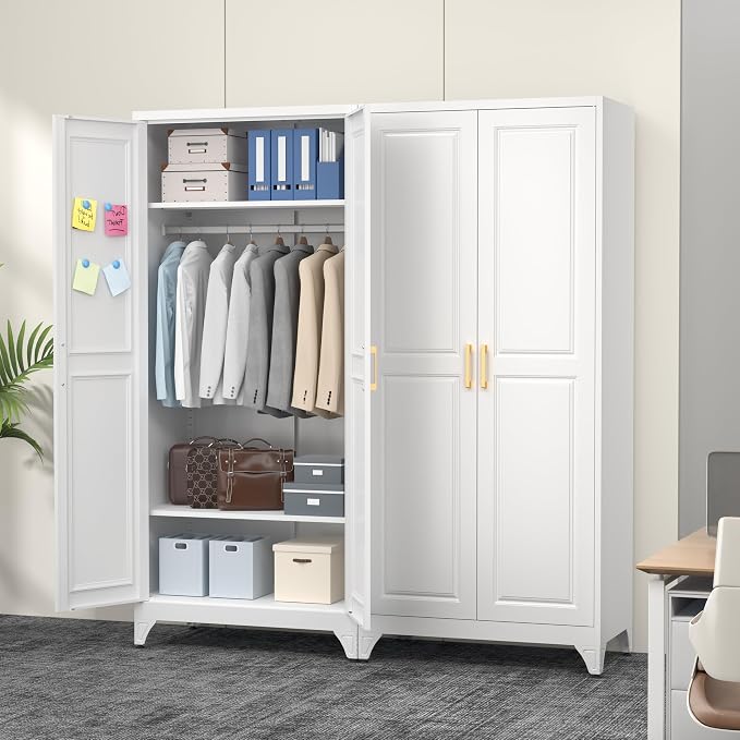 Polup 71" Metal Armoire Wardrobe Closet with Doors and Adjustable Shelves | Tall Freestanding Wardrobe Cabinet for Clothes, Heavy Duty, Hanging Rod, Bedroom, Office, School, Employee, Garage, White