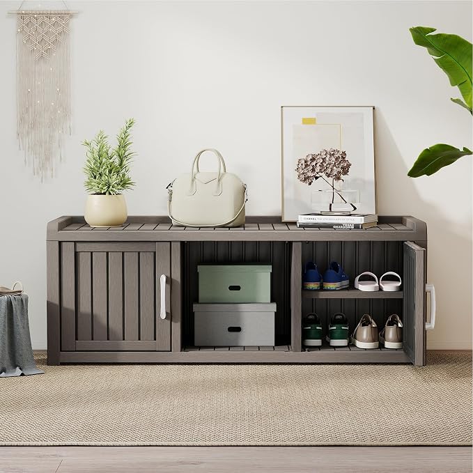 2-Tier Storage Bench, Waterproof UV-Resistant Outdoor Shoe Storage Cabinet with 2 Doors & Adjustable Shelves for Indoor Outdoor Entryway, Hallway, Living Room(Grey)