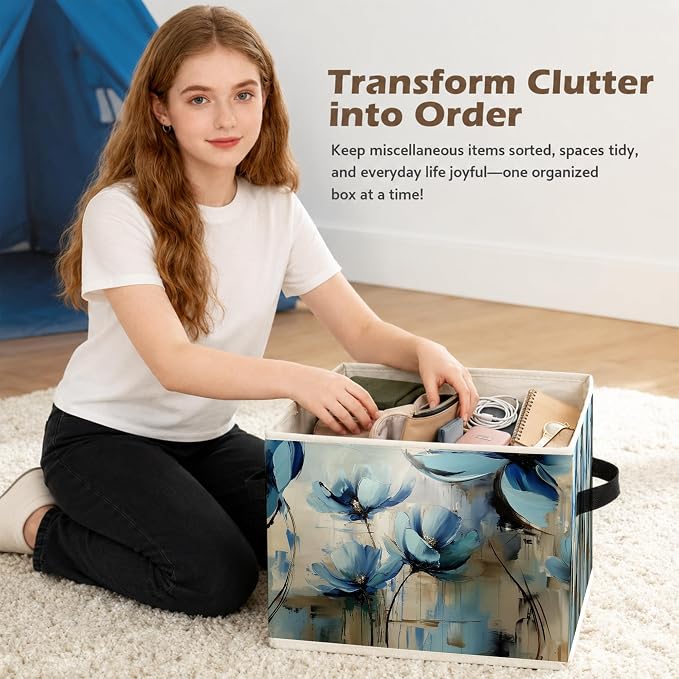 Abstract Blue Floral Storage Box Bins, Modern Impressionism Flower Botanical Collapsible Storage Basket Organizer for Bedroom Laundry Room Home Clothes Books, Decor for Room
