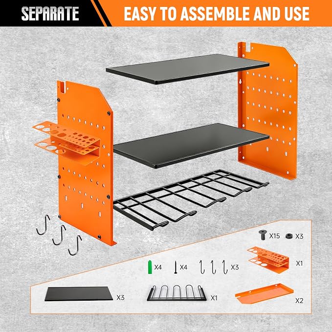 Power Tool Organizer Wall Mount,Power Drill Tool Holder | 200lb Heavy Duty Tool Shelf,4 Tier Cordless Tool Organizerwith 4 Drill Holders & 3 Divider Panels,Orange