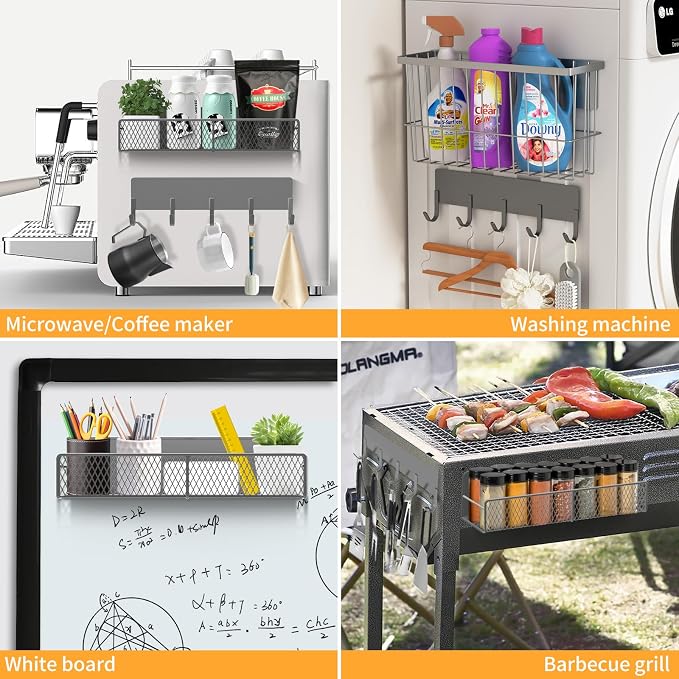 DTUQYX Magnetic Spice Rack for Refrigerator, 7 Pack Metal Magnetic Shelf, Moveable Magnetic Storage Fridge Organizer Grey, Spice Organizer, Hook Rack, Paper Towel Holder, Cutting Board Holder, HM5471