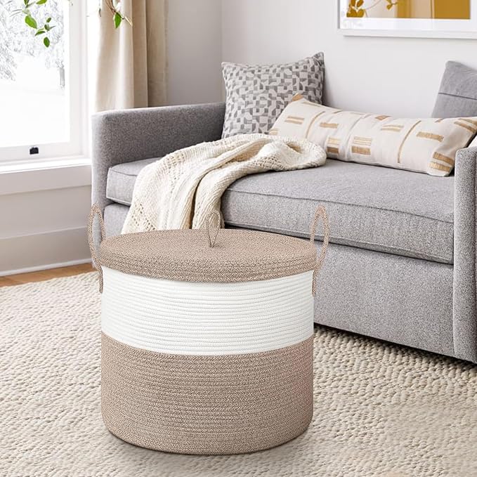 18" X18“ X 14" Large Storage Basket with Lid, Blanket Basket Living Room, Woven Cotton Rope Storage Box, Lidded Kids Dog Toy Bin, Wicker Laundry Basket, Blankets Pillows Organizer Holder
