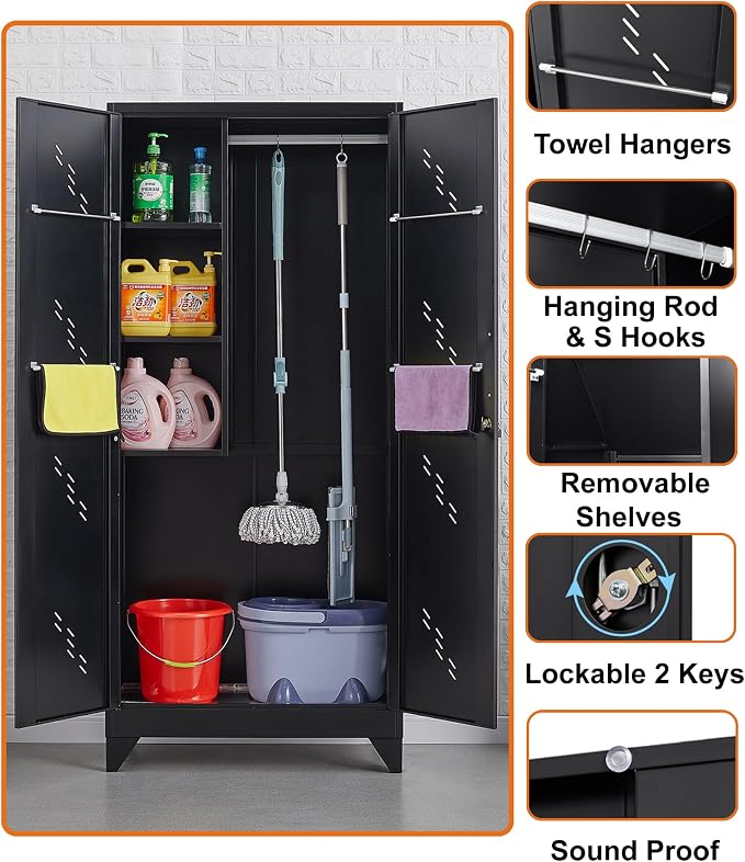75" Metal Storage Cabinet with Lockable Doors, Functional Garage Storage Cabinets, Heavy-Duty Tool Organization Cabinet with Hanging Rod & S-Hooks (75" Utility Closet)