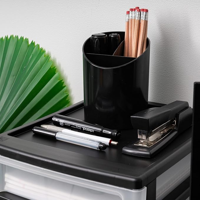 IRIS USA 3-Drawer Medium Plastic Stacking Desktop Organizer, Black | Organize office supplies, stationery, makeup, craft materials and everyday essentials for neat desktop storage