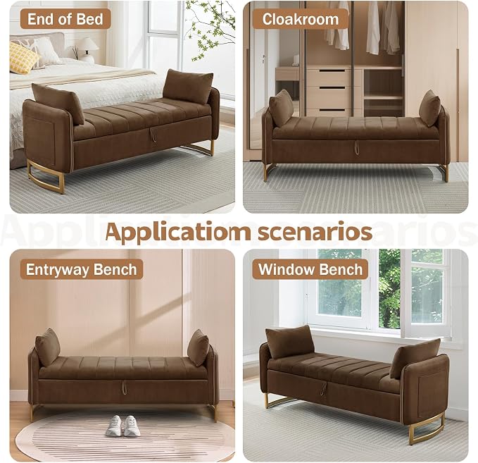 66'' King Size Storage Bench for Bedroom, Teddy Boucle End of Bed Benches for Foot of Bed, Storage Ottoman Bench with Golden Legs and Pockets for Living Room Window Entryway, Blrown