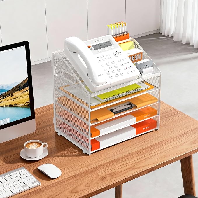 DocNest 5 Tier Metal Mesh Desk File Organizer with Phone Shelf, White | Desktop letter tray sorter features a 9.1x9.1 inch top phone holder, built-in sticky note compartment and pen holder