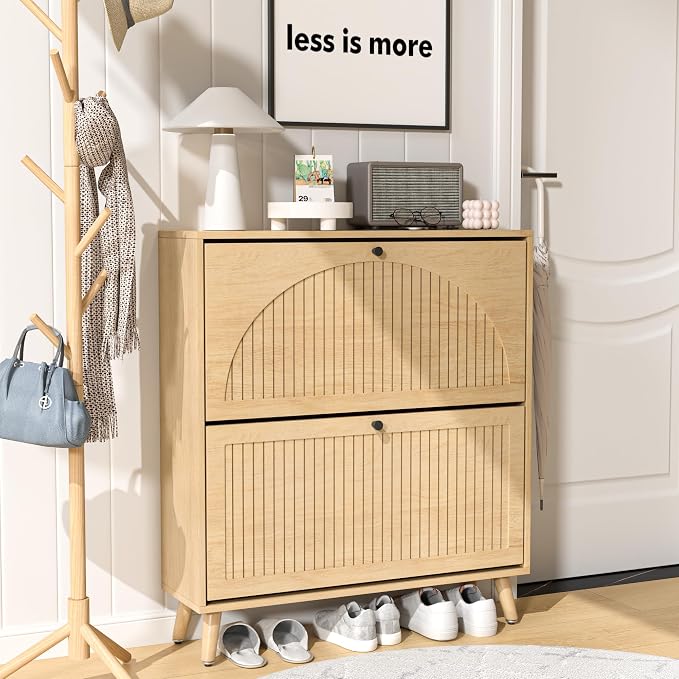Fsbecl Shoe Storage Cabinet for Entryway with 2 Flip Drawers, Narrow Wood Shoe Cabinet with Fluted Panel, Freestanding Hidden Shoe Organizer for Hallway