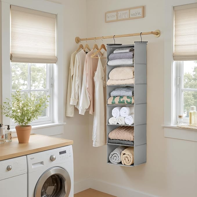 GRANNY SAYS 6 Shelf Hanging Closet Organizers and Storage, Collapsible Closet Hanging Organizer with 2 Sturdy Hooks, Large Hanging Shelves for Kids Baby Clothing Organizer, Ash Gray