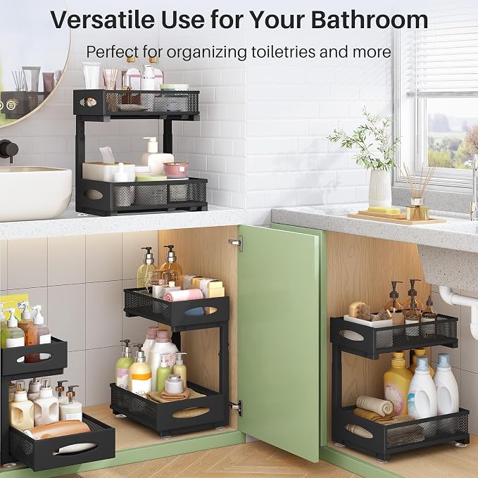 Under Sink Organizer, 2 Tier Pull out Cabinet Organizer Baskets with Mesh Sliding Drawers, Slide out Storage Shelf for Home, Kitchen, Bathroom, Pantry, Office Cabinet, Countertop(1 Pack)
