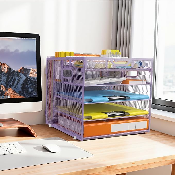 Docnest 5 Tier Desk Organizer with Hanging File Folder Holder&Tray, Purple | Features 3 detachable pen holders and 4 removable dividers.Versatile mesh desktop storage for mail, document,office supplie