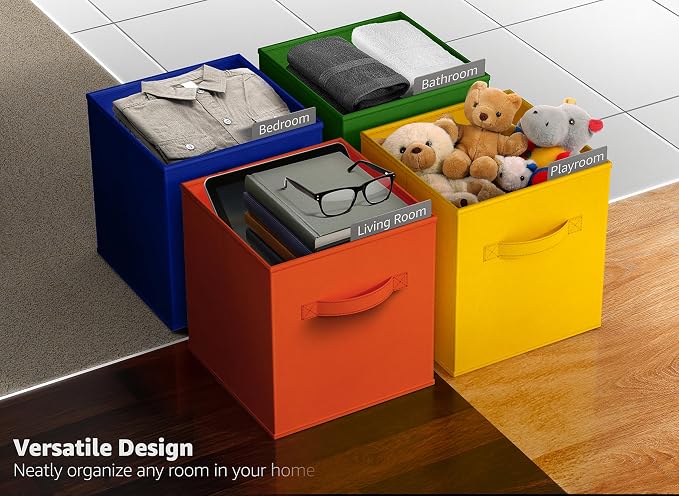Sorbus 11 Inch Fabric Storage Cubes - Sturdy Collapsible Bins With Handle - 6 Foldable Baskets for Organizing Clothes, Toys, Books - Multi Colored Storage Baskets for Shelves, Kids Room, Closets