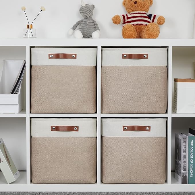 DULLEMELO Fabric Storage Cubes,13 inch Cube Stroage Bins for Empty Gift Basket,Toy Nursery Storage Linen Closet Organizers and Storage Baskets Shelves Bins(White&Khaki)