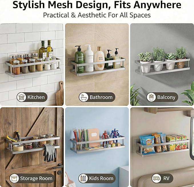 PUSDON 5-in-1 16.5" Extra Long Kitchen Organizer & Shower Caddy Set, Wall Mount Spice Rack with Paper Towel Holder, Utensil Holder & Soap Dish, Rustproof Mesh - Silver Gray, Guardrail