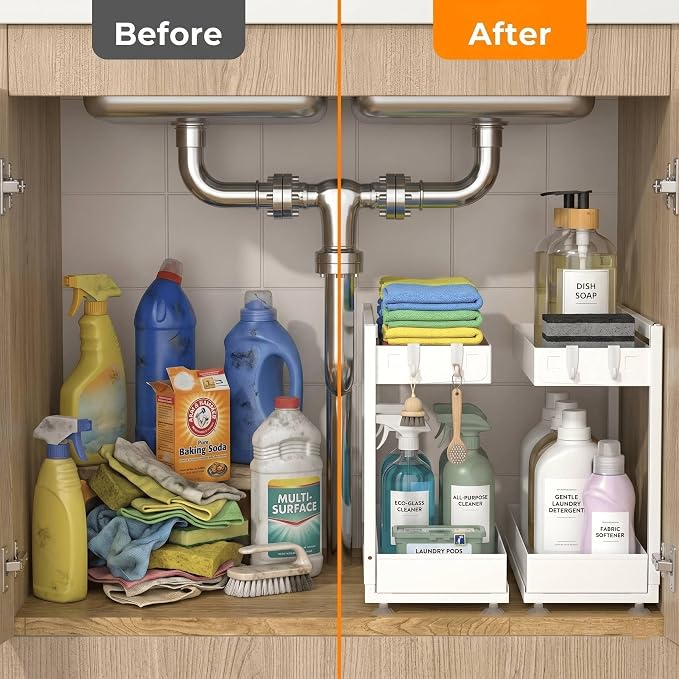TATAANTY Under Sink Organizer, L-Shaped Metal 2-Tier Double Pull-Out Drawer for Kitchen & Bathroom Cabinets, Adjustable Height Storage - 50lbs Heavy Duty Waterproof 2PCS Height Adjustable