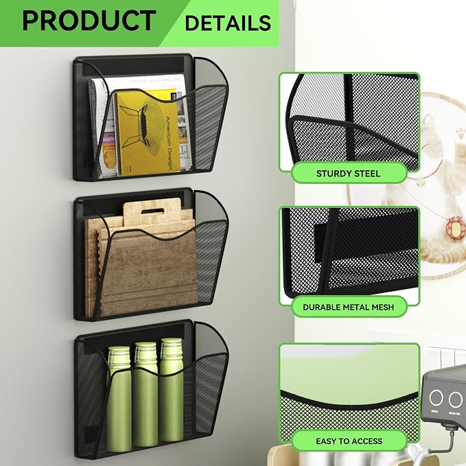 Magnetic File Holder - Heavy Duty Wall File Organizer for Refrigerator & Whiteboard - Strong Magnet Mail Holder & Magazine Rack, No Drilling Document Storage Basket for Office Cabinet