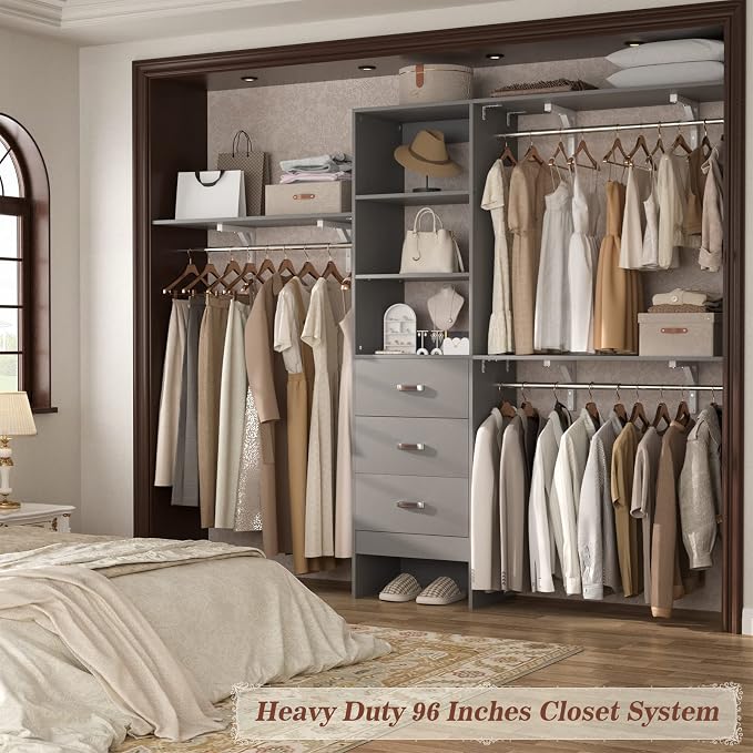 iSunirm 8FT Closet System, 96'' Closet Organizer System with 3 Hanging Rods, Wall Mount Bedroom Wardrobe with 3 Drawers Walk-in Closet, Adjustable Cloth Garment Rack from 5 to 8FT (Cut to Fit), Grey