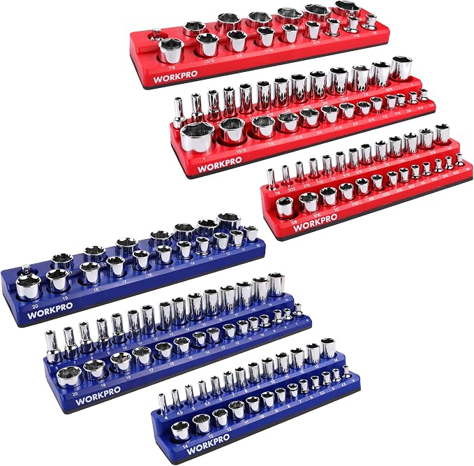 WORKPRO Magnetic Socket Organizer Set, 6-Piece Metric SAE Socket Holder Set | 1/4", 3/8", 1/2" DR Socket Trays, Holds 143-Piece Sockets, Suitable for Standard and Deep Sockets, Sockets not Included