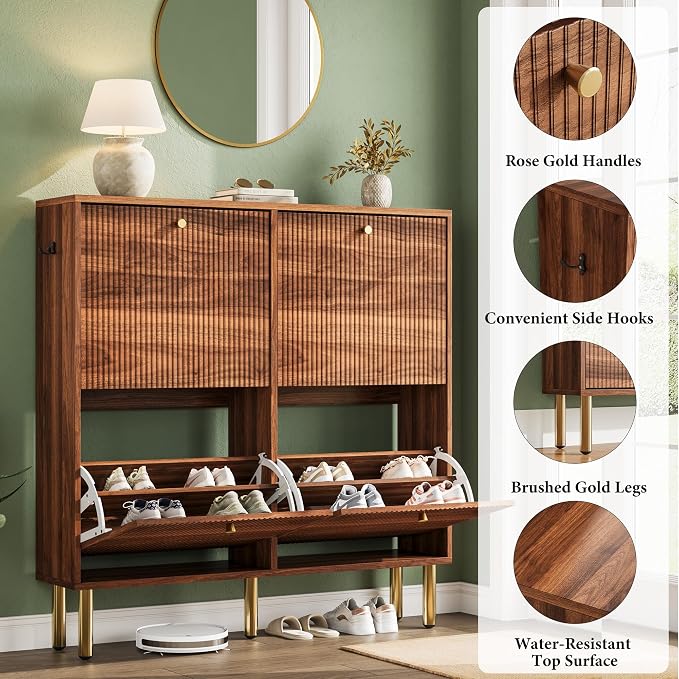 Nicetree Shoe Storage Cabinet for Entryway - 4 Flip Drawers Shoe Cabinet with Tiered Fluted Design - Slim Shoe Storage Rack with Gold Legs - Narrow Shoe Cabinet Hidden Shoe Organizer for Small Spaces
