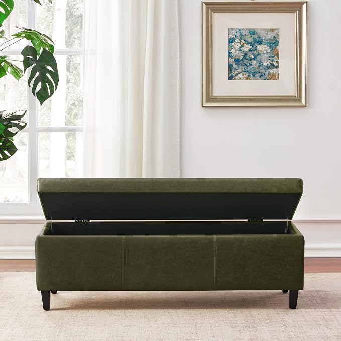 Storage Ottoman Bench 50.3" Faux Leather Upholstered End of Bed Bench,Green | Hidden Storage Accent Ottoman for Living Room, Bedroom, Entryway, Safety Hinges, Load up to 300lb