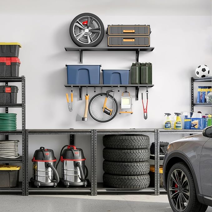 Jusgym 2 Pack Heavy Duty Garage Wall Shelving with 8 Hooks, 1x4ft, 500lbs | Garage Shelving Wall Mounted, 5-Bar Square Tube, Metal Floating Shelves, Industrial Storage Rack for Bins, Tools, Bikes