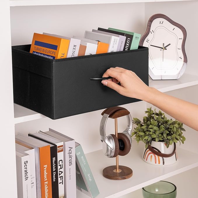 StorageWorks Black Storage Bins, Leather Front Fabric Storage Bins with Handles, Closet Organizers and Storage Bins, Organizer Baskets for Shelves, Collapsible Storage Baskets, Large, 4-Pack