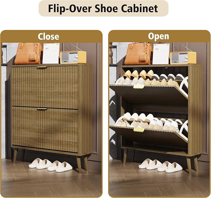 KIGOTY Narrow Shoe Storage Cabinet, Shoe Cabinet with 2 Flip Drawers, Freestanding Shoe Organizer with Legs for Entryway, Slim Shoe Rack Cabinet for Enterway (Light Brown, 2 Flip Drawer)