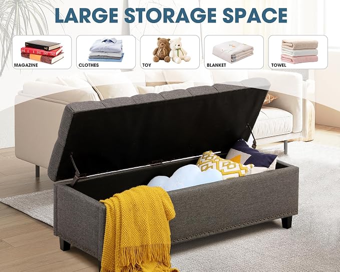 Grepatio 51" Ottoman Storage Benches, 30 Gallons End of Bed Storage Bench, Large Rectangular Ottoman, Button-Tufted Ottoman with Storage for Living Room Bedroom, Foot of Bed (Gray)