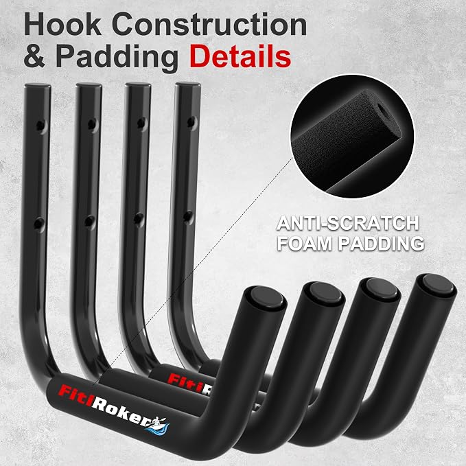 Kayak Storage Rack 120LB Wall Mounted Kayak Hook | EVA Padded Garage Storage Mount for Canoes, Paddle Boards, Ladders and Bikes Indoor Outdoor Organization