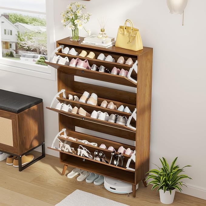 Fsbecl Shoe Storage Cabinet for Entryway with 3 Fluted Flip Drawers, Walnut | Narrow Design, Freestanding Shoe Rack with Adjustment Shelves, Wooden Hidden Organizer for Hallway Foyer, 18-24 Pairs