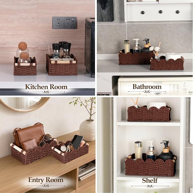 iEGrow Paper Rope Small Storage Baskets for Organizing, Set of 2 Scalloped Edge Wicker Basket with Wooden Handles Toilet Paper Basket for Over Toilet Storage Shelf, Home Decor, Living Room (Brown)