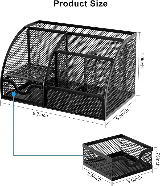 EasyPAG Mesh Desk Organizer with Drawer Multi-functional Pen Holder Stationery Organizer for Office School Supplies 6 Compartments Dorm Organizers and Storage for Desk, Black