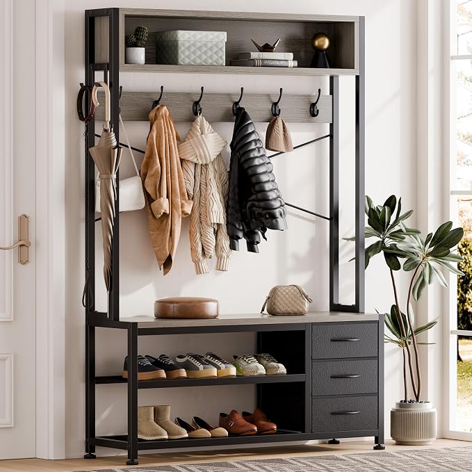 Hall Tree with Bench and 3 Drawers Storage, 39.4" Coat Rack Freestanding