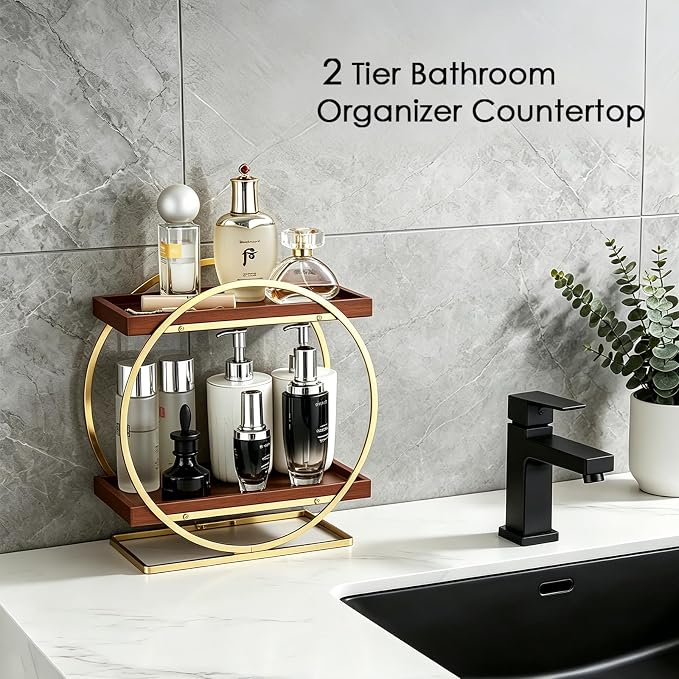 Bathroom Counter Organizer, Wooden Bathroom Organizers and Storage | 2-Tier Vanity Makeup Skincare Cologne Organizer, Bamboo Perfume Organizer for Dresser, Countertop Shelf Kitchen, Gold & Brown