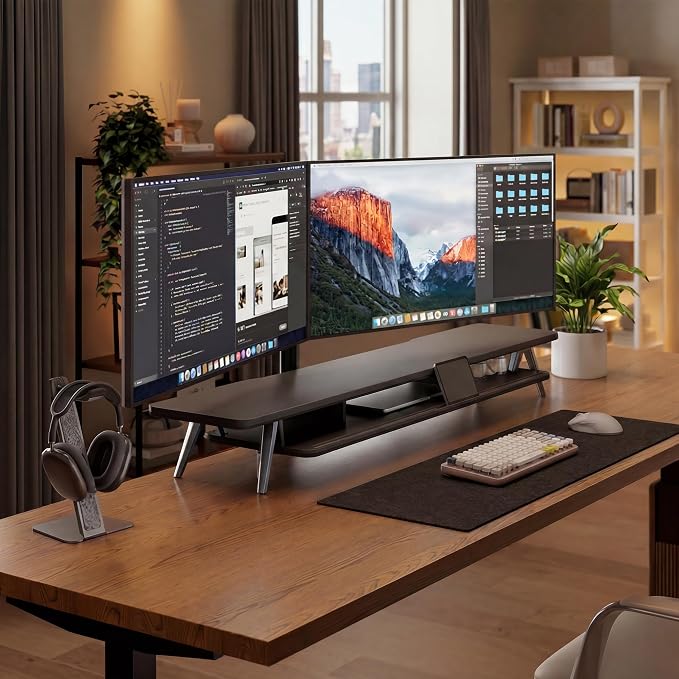 Fenge Dual Monitor Stand Riser, Wooden Desk Shelf with 2-Tier Storage | 47.2-Inch Extra Wide, Sturdy Aluminum Legs, Built-In Phone & Tablet Slot, Desktop Organizer for Office Accessories