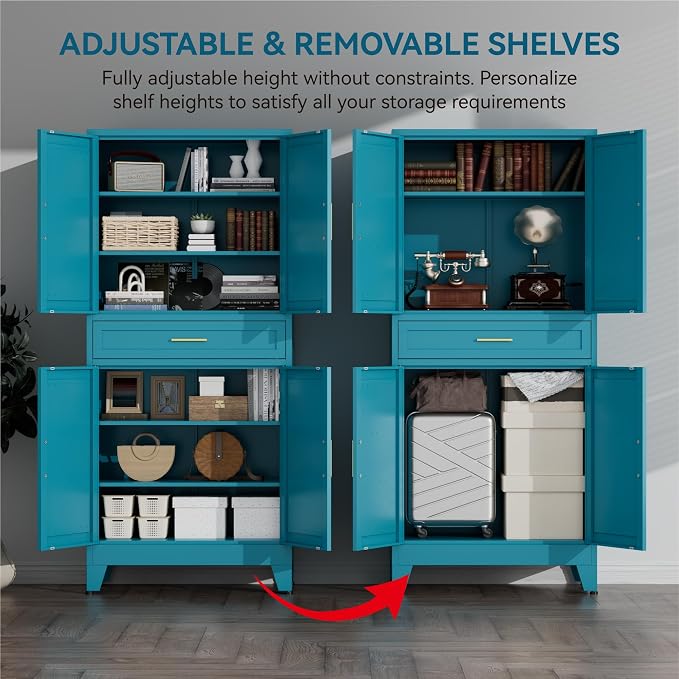 71" Tall Farmhouse Pantry Cabinet,Metal Cabinet with Adjustable Shelves and Doors,Storage Cabinet for Kitchen Garage,Blue 1 Pack