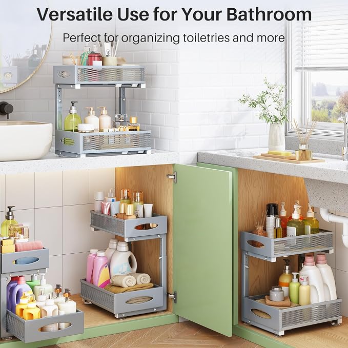 2 Pack Under Sink Organizer, 2 Tier Pull out Cabinet Organizer Mesh Baskets with 5 Adjustable Heights, Sliding Drawers Storage Shelf for Home, Kitchen, Bathroom, Pantry, Office, Countertop ,Grey
