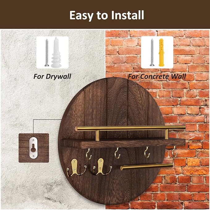 Nekon Key Holder Wall Mount, 11.8 Inch Rack With Shelf and 6 Hooks, Rustic Mail Organizer, Circular Wooden Hanger for Entryway Hallway Kitchen (Brown&Gold)