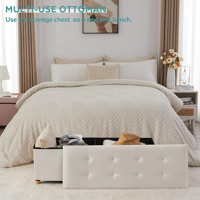 BRIAN & DANY 43 Inches Folding Storage Ottoman Bench, Ottoman with Storage Bench for Bedroom, Living Room, Entryway, with Legs, White
