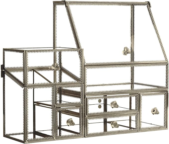 Luxury Glass Makeup Organizer Antique Bronze Metal Frame, Clear Vanity Countertop Storage Case for Cosmetics, Skincare, Perfume, Jewelry, Brush Holder & Drawers for Bathroom, Bedroom, Dressing Table