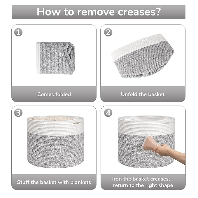 Goodpick Woven Blanket Basket Living Room, Toy Bin for Playroom, 45L | 15.8 x 15.8 x 13.8 In Toy Storage Basket for Nursery, Blanket Basket for Living room, Laundry Basket, Light & Grey