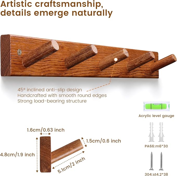 Teak Wall-Mounted Wooden Coat Hooks, Solid Teak 16 Inch Hole Spacing, Rustic Vintage Farmhouse All-Wood for Entryway, Mudroom, Bedroom, Bathroom, Boat Yacht Towels & Clothes 1 Pack