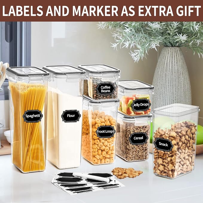 PRAKI Airtight Food Storage Containers Set with Lids - 24 PCS, BPA Free | Multiple Sizes Cereal Containers Storage Set, Pantry Organizers and Storage for Cereal Flour & Sugar - Labels & Marker (Grey)