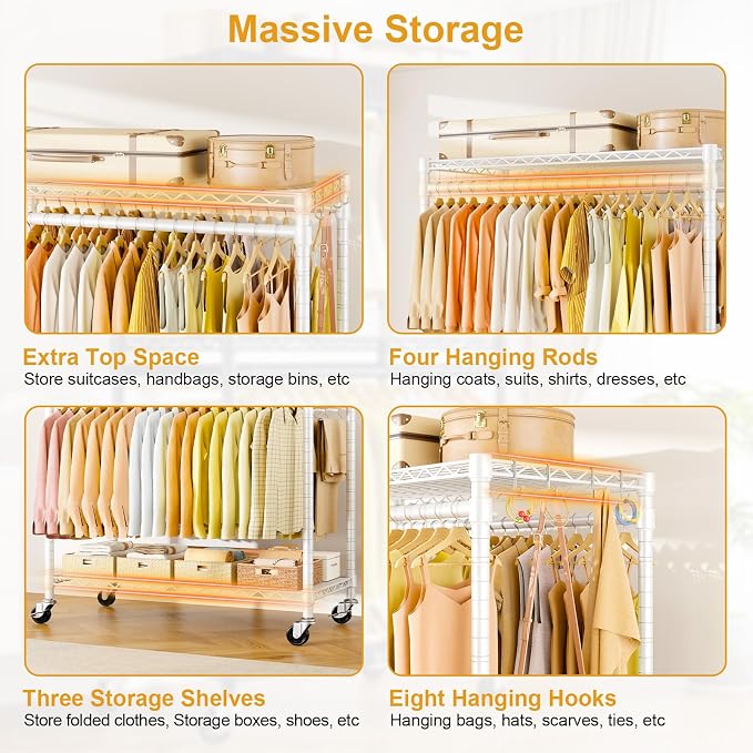 Rolling Clothes Rack, Clothing Racks for Hanging Clothes, White | P5 Plus Heavy Duty Garment Rack with Wheels, 3-Tier Shelves, Portable Closet Racks 45''W × 20.5''D × 80.5''H, Max Load 660Lbs