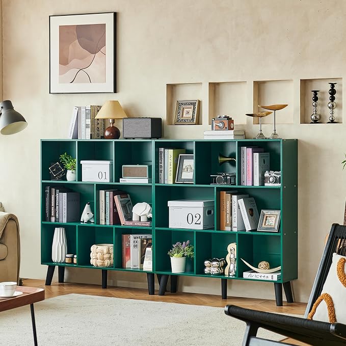 LEYAOYAO 8 Cube Bookshelf,Mid-Century Modern Bookcase with Legs,Dark Green | 3 Tier Book Shelf,Rustic Wood Bookshelves Freestanding Large Storage Organizer, Open Shelves for Bedroom, Living Room, Office