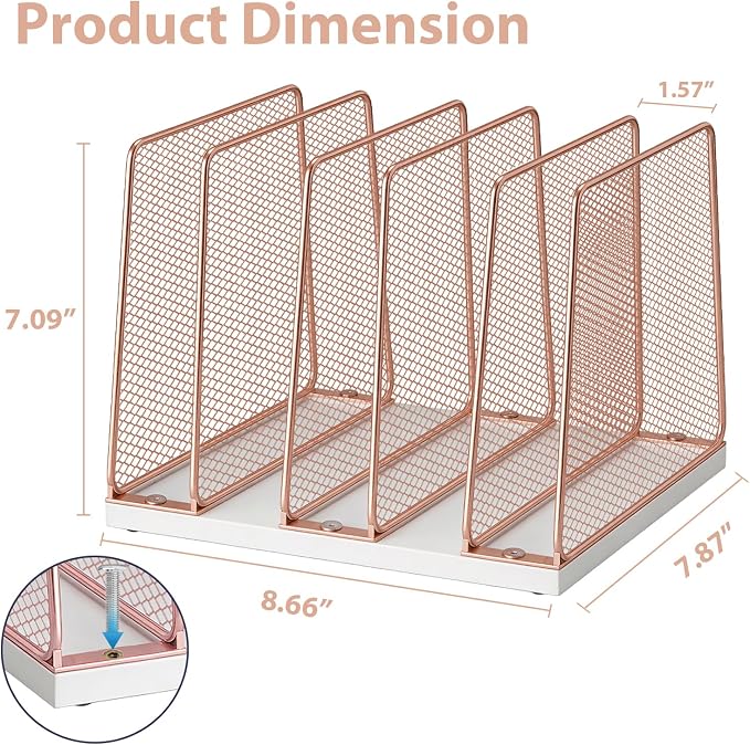 LEKETREE Rose Gold Desk File Organizer, 5-Section Upright File Sorter, Vertical File Folder Holder, Mesh Metal Wood Office Desktop Organization for Document, Magazine, Books and more (Rose Gold)