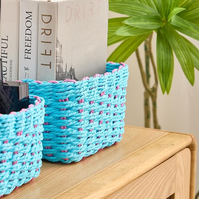 4PCS Woven Storage Baskets Set, Small Baskets for Organizing, Square Handwoven Paper Rope Organizer Bins for Shelves and Home Storage (Blue & Pink)