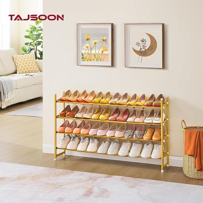 Expandable Shoe Rack for Closet 4 Tier, 28“-41“Stackable, Gold | Adjustable Shoe Organizer Closet Shoe Rack Floor, Metal Shoe Shelf Storage for Entryway, Closet, Garage, Front Door Entrance