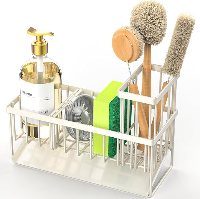 Cisily Off White Sponge Holder for Kitchen Sink, Sink Caddy Organizer with High Brush Holder, Kitchen Countertop Rustproof 304 Stainless Steel, Soap Dispenser Kitchen Organizers and Storage Essentials