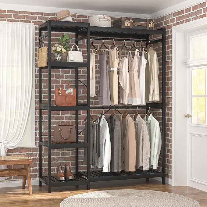 Bamboo Clothes Rack Garment Rack for Hanging Clothes, Heavy Duty Clothing Rack with 7 Tiers Adjustable Shelves, Double Rods, 4 Hooks, Freestanding Closet System Organizer Wardrobe, Black