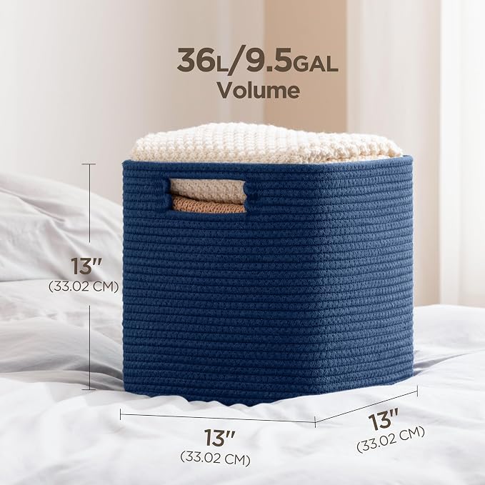 UBBCARE Set of 4 Storage Bins - 13 X 13 X 13 In, Cotton Rope Bins for Shelves, Toys, Books, Cube Storage with Handles, Woven Basket for Organizing, Navy Blue